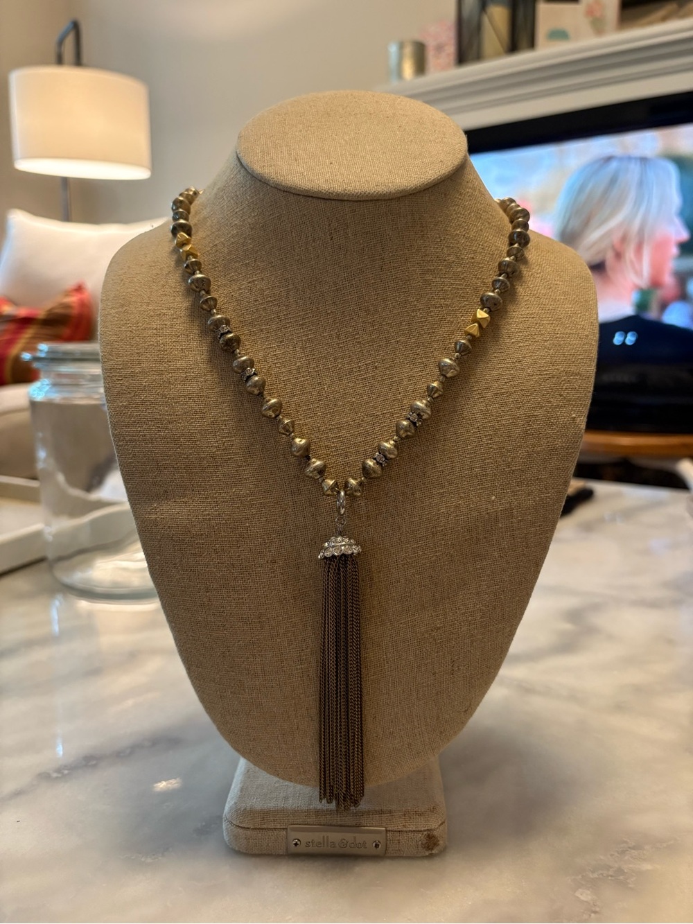 Stella & Dot Gold and Brown Beaded Tassel Necklace